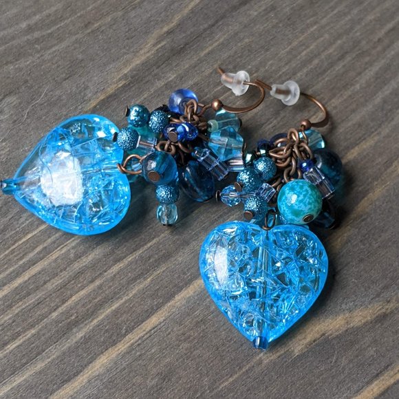 Mixed Blue Glass Bead & Blue Crackle Heart Cluster Earrings - Picture 10 of 16